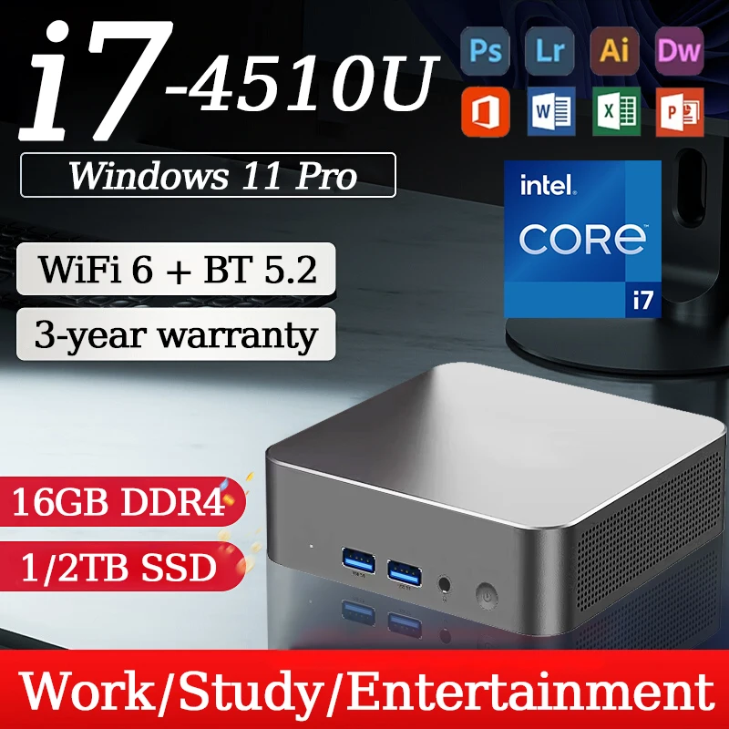Mini PC Portátil Intel Core i7 4510U 2026, Windows 11, 16GB DDR4, 1/2TB SSD, Computadora para Juegos, WiFi 6, Oficina, Negocios