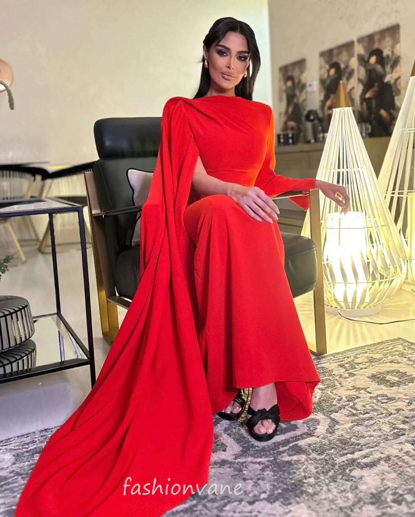 

Fashionvane Red Elegant Prom Dresses High Neck Evening Dress Long Sleeves Saudi Arabia Women Wear Formal Party Gowns