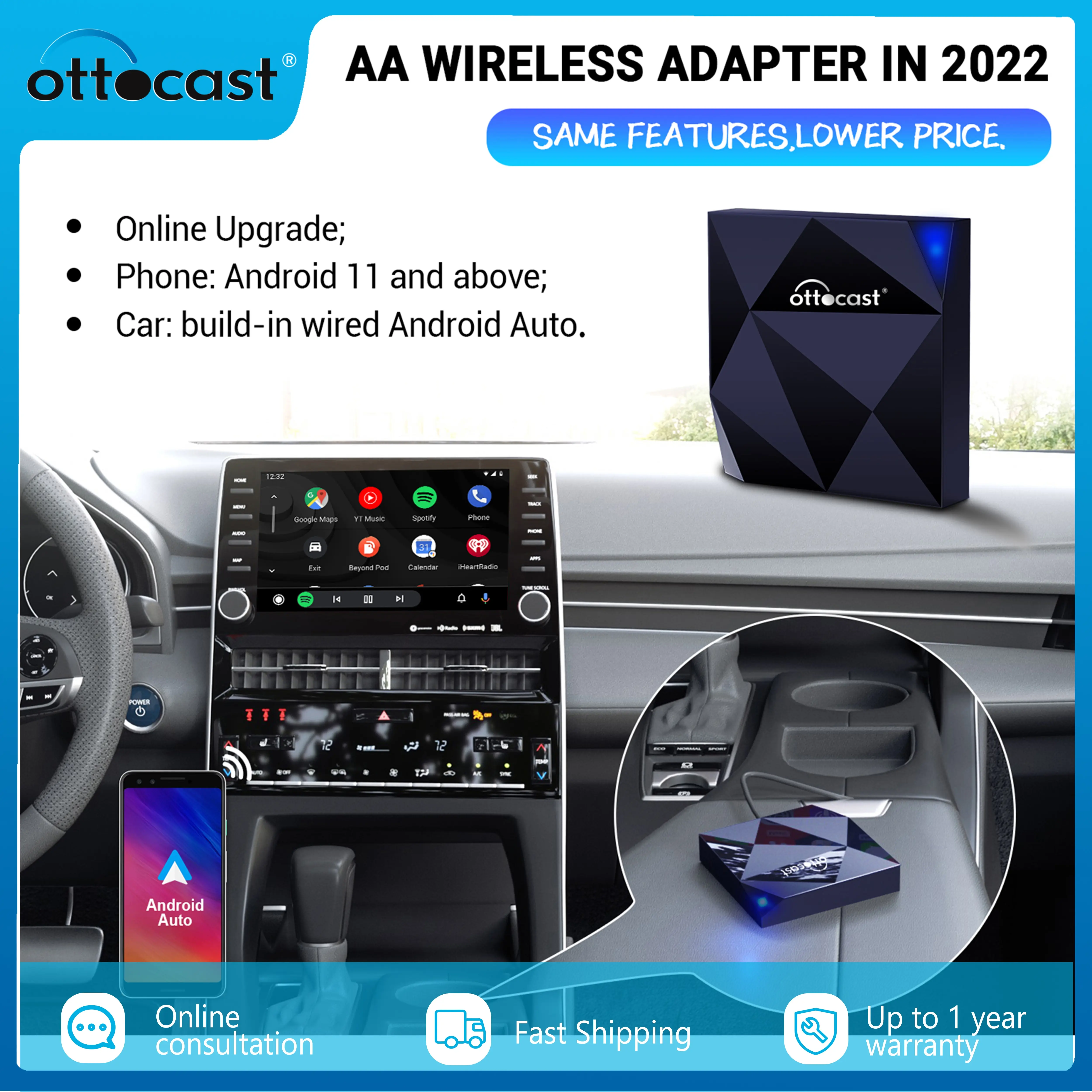 

Ottocast A2Air Android Auto Wireless Adapter Wired To Wireless Android Car Accessories AA Dongle Activator for Kia VW Audi Ford