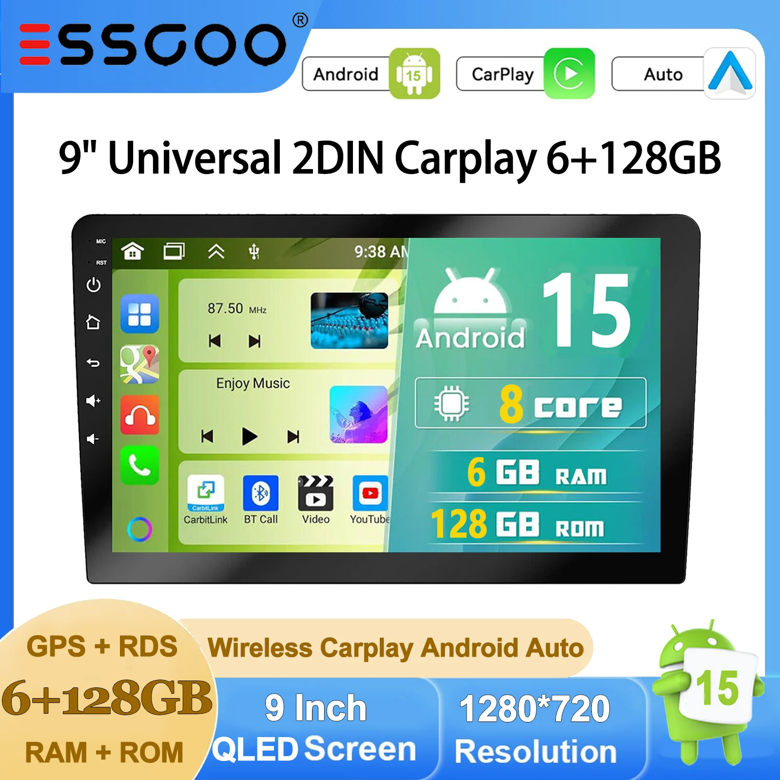 Autoradio ESSGOO Android 15 9 Zoll QLED Doppel 2DIN 6+128G 8 Kern Drahtloses CarPlay Android Auto Bluetooth GPS Navigation 4G