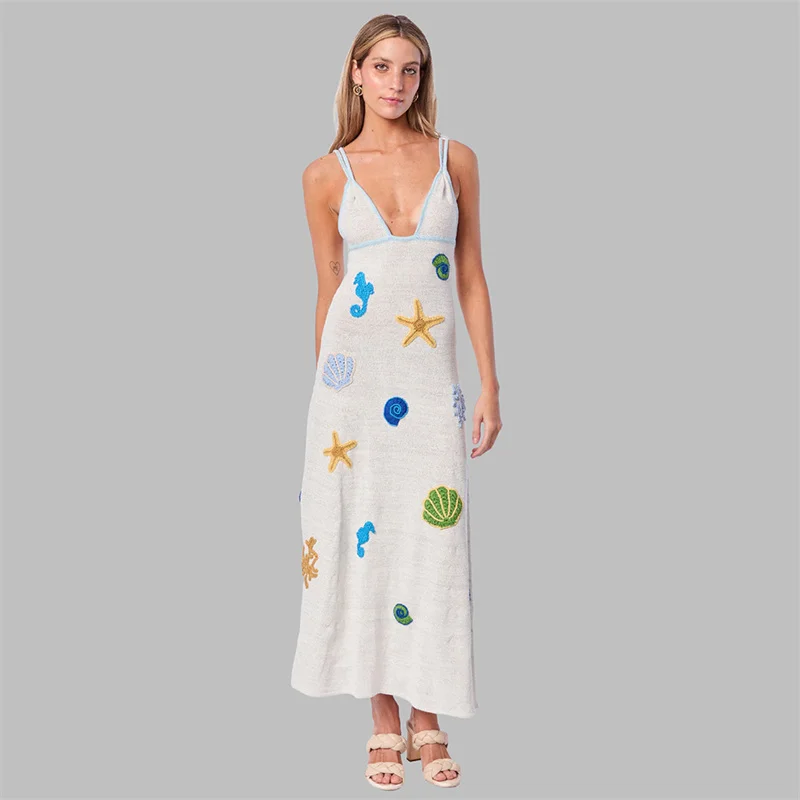 Women's Boho Long Knit Dress Sexy Printed Strap Deep V Backless Crochet Bikini Cover-Up Beachwear Summer Swimwear