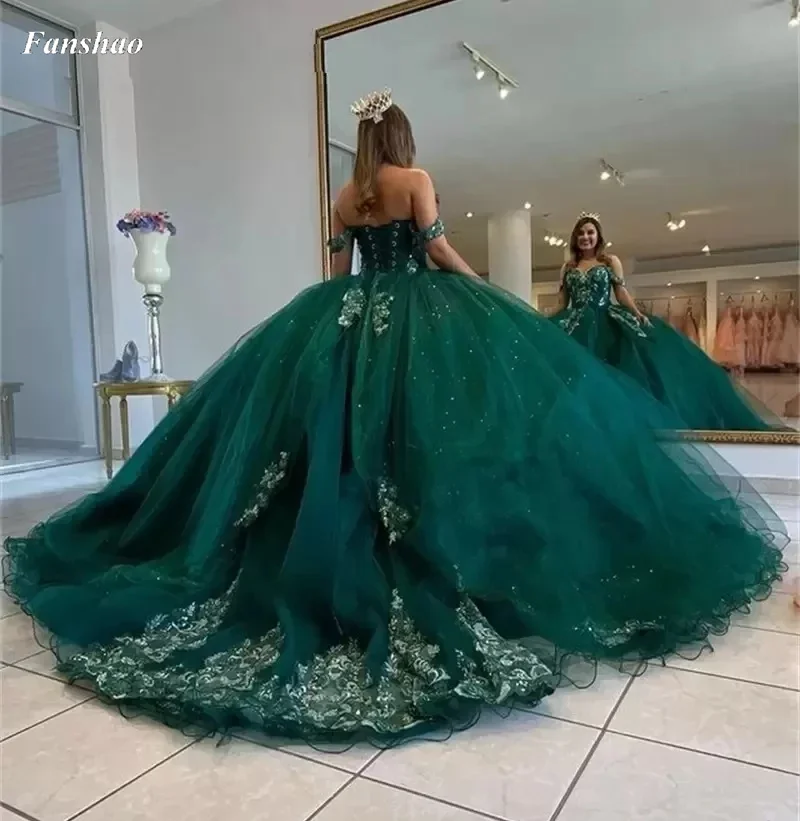 Fanshao wd497 Off Shoulder Quinceanera Dress Appliques Beads Long Tulle Sweep 15 Year Party Birthday Princess Formal Gowns