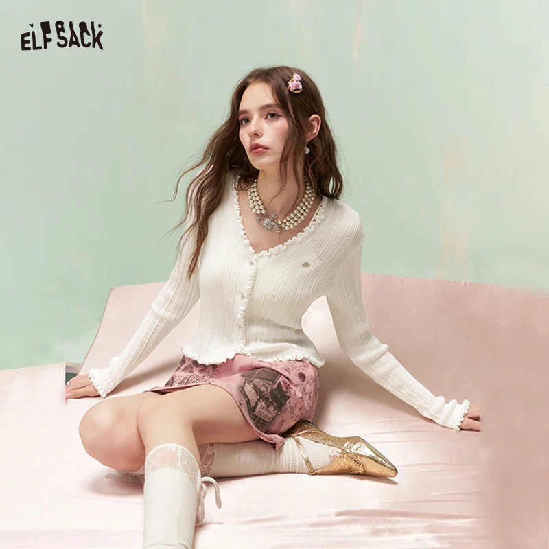 

ELFSACK Cute Knit Cardigan with Ruffled Trim & Ribbed Texture, Cropped Frill Edge Button Down Sweater, Preppy Slim Tops for Wome