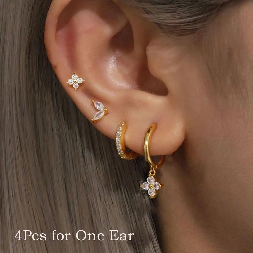 4Pcs Cubic Zirconia Star Flower Piercing Studs Earring Set For Women, 14K Gold Plated Stainless Steel Hoop Cartilage Jewelry