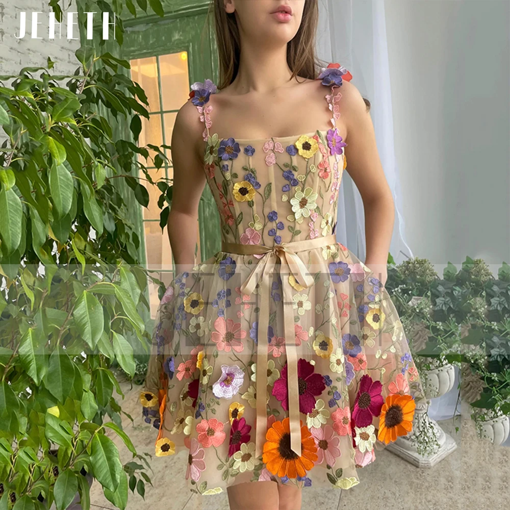 JEHETH Champagne 3D Flowers Tulle Prom Dress Pastoral Homecoming Square Collar A Line Evening Party Gown Mini Robes Se Soirée