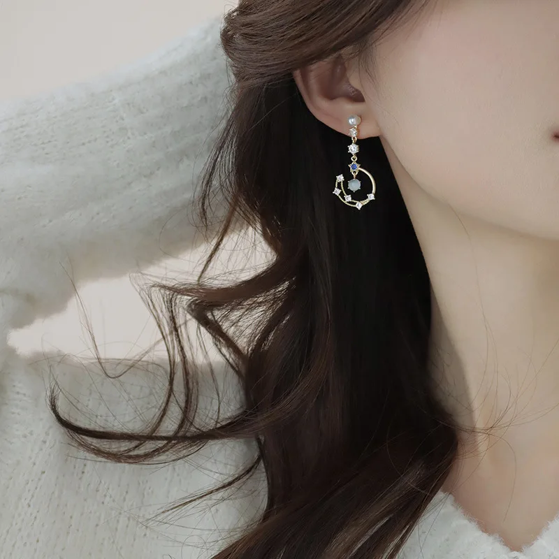 Exquisite Pearl Moon Asymmetric Water Drop Earrings For Women Korean Fashion Butterfly Flower Zircon Earring Wedding Jewelry