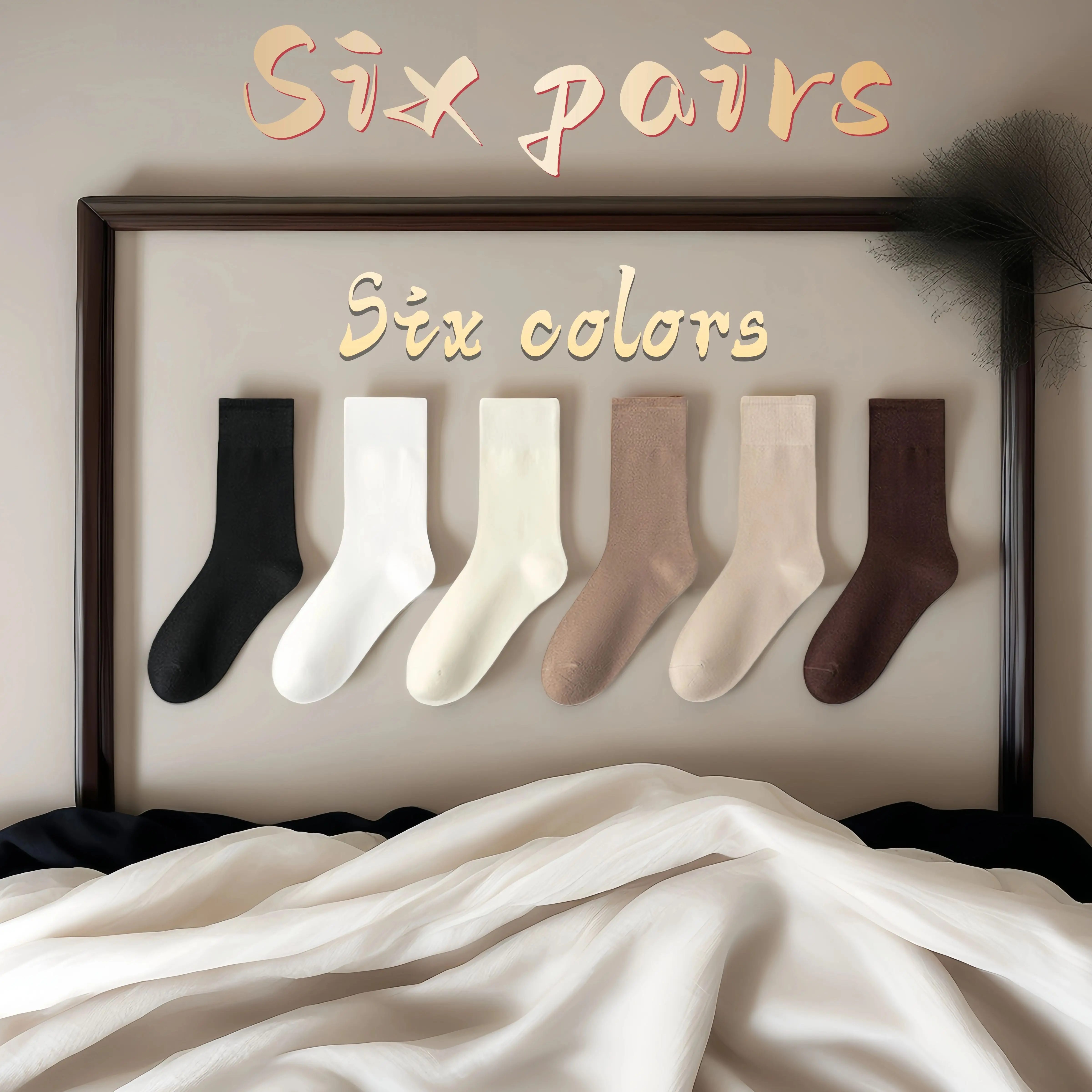 

6 Pairs Multi-Color Rolled Cuff Socks Set - Ribbed Knit Soft Elastic, Black/Brown/Beige/White Daily Casual Comfort Wear