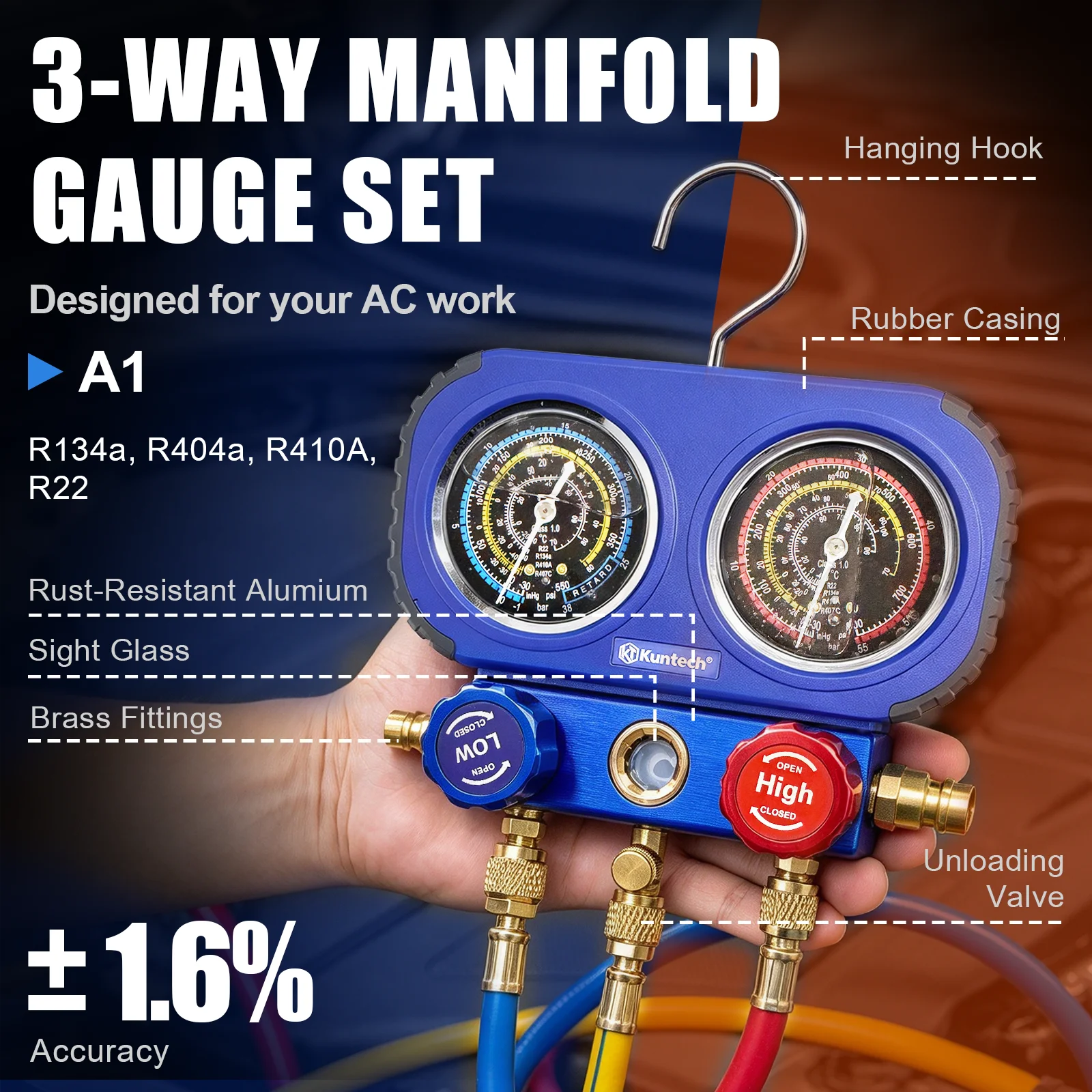 Professional AC Manifold Gauge Kuntech KT-6518, Auto Air Conditioning Refrigerant Pressure Test Kit with Metal Handwheel