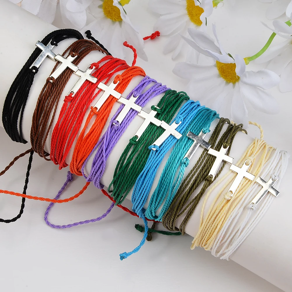 12pcs/set Wax Thread Bohemian Style Hand-woven Bracelets, Cross Rainbow Bracelets, Couple Bracelets