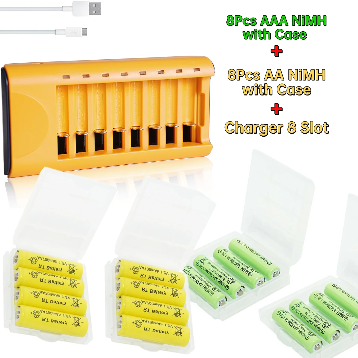 8Pcs AA and 8Pcs AAA 1.2V Ni-MH Rechargeable Batteries with USB 8-Slot Charger and Battery Organizer Storage Box