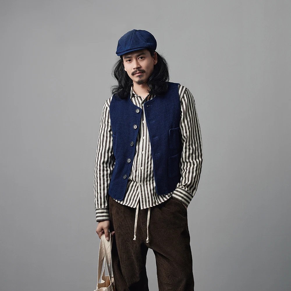 Vintage Indigo Sashiko Vest Men Women | Japanese Indigo Dyed Kendo Style Workwear Waistcoat | Unisex Cotton Utility Vest