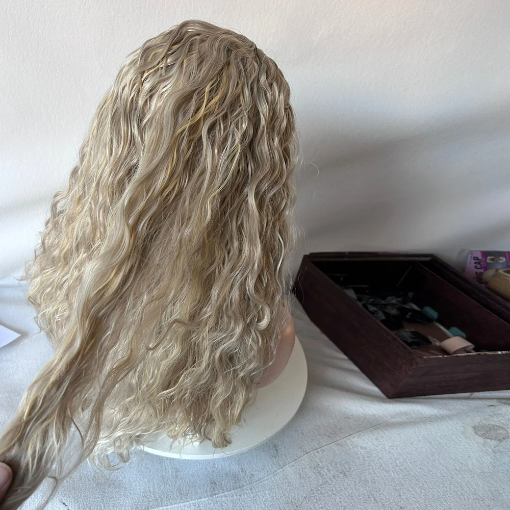 26 "Lange Blonde Highlights Krullend Pruik Hittebestendige Vezels Synthetische Kant Voorkant Pruik Menselijk Haar Mix Pruik Voor Vrouwen Dagelijks Dragen