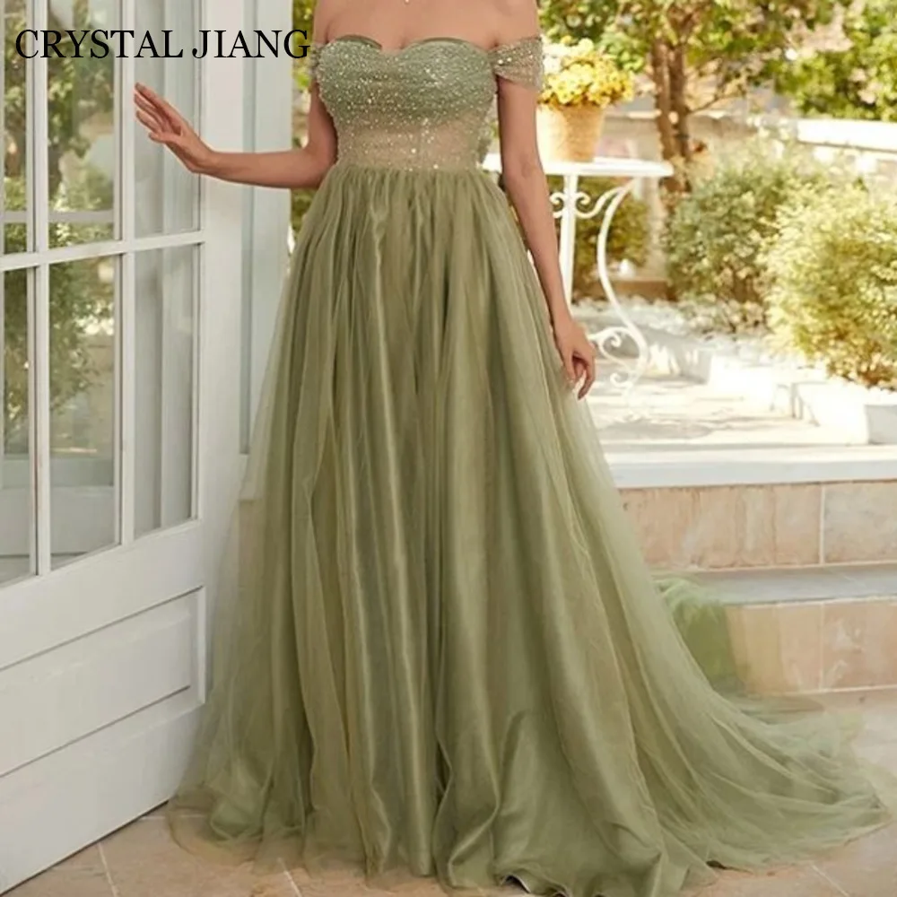 

Classic Long Shiny Off the Shoulder Beaded Tulle Evening Dresses Short Sleeves A Line Sweep Train Robes De Soirée