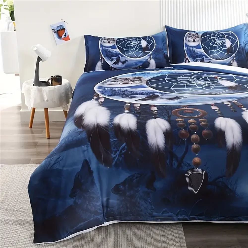 3pcs Moon Wolf Printed Bedding Set Dreamcatcher National Style Guest Room Duvet Cover Set