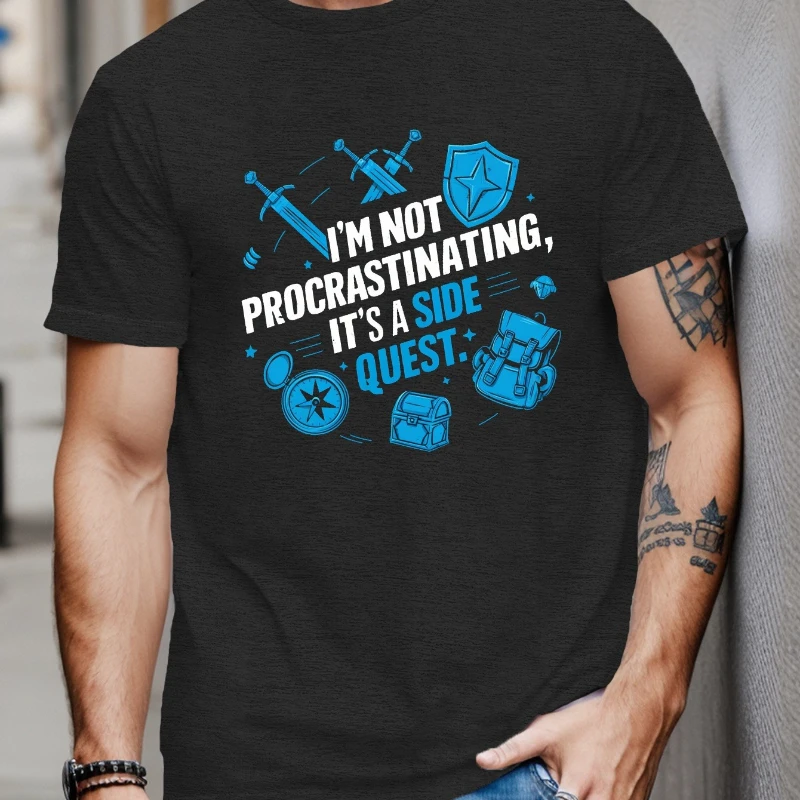 

Men's Casual Short Sleeve Pure Cotton T-Shirt with Unique Procrastinating Side Quest Graphic Breathable PLUS SIZE