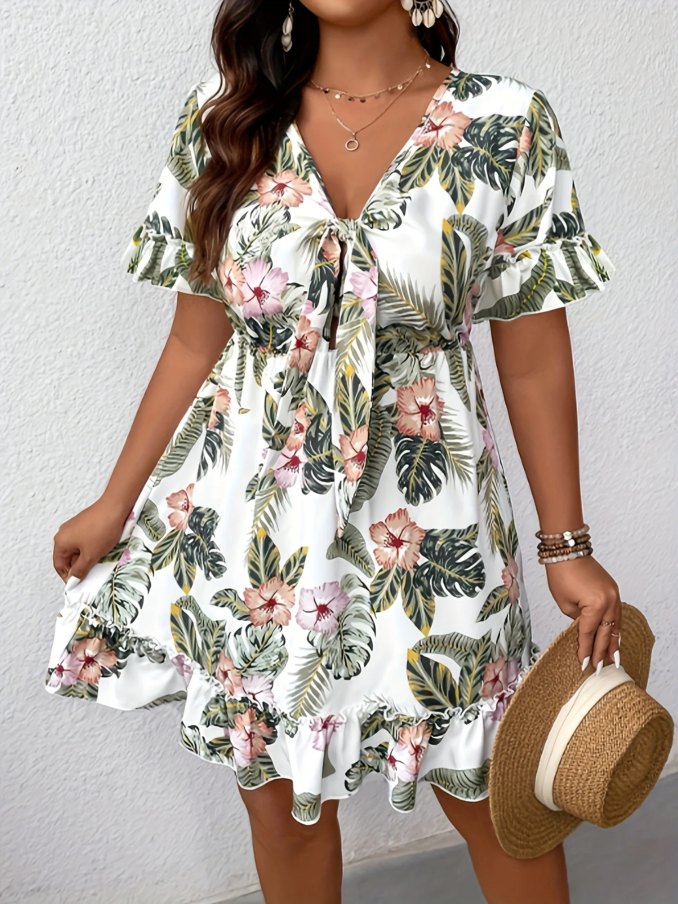

2025 Plus Size Fashion Pick! Tropical Floral Print V - Neck Tie - Waist Dress (Plus Size). Fresh Plant Prints, V - Neck for Char