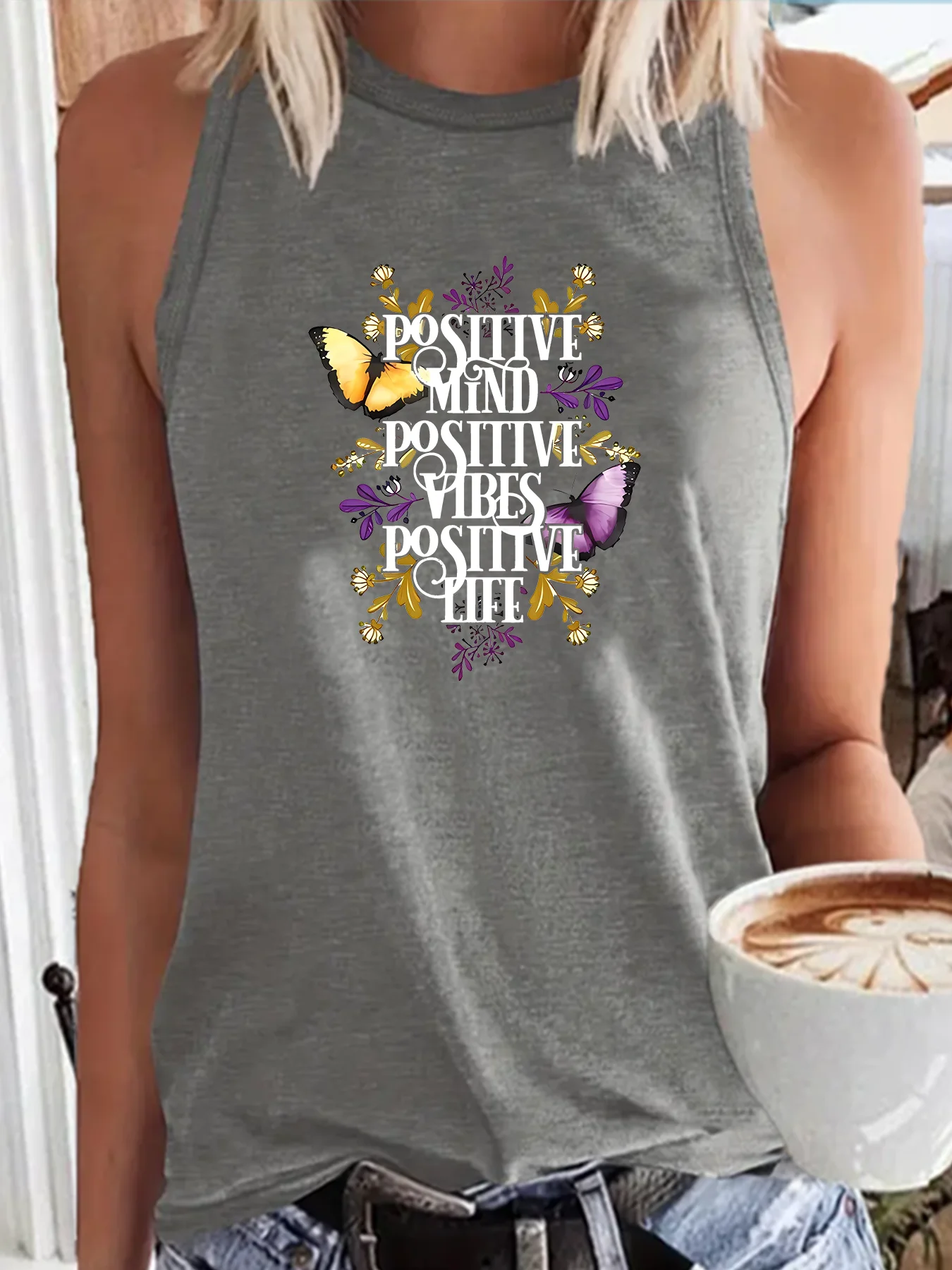 Positive Mind Positive Vibid Positive Life Fashion Funny Sports Women's Tank Top Loose O Neck Sleeveless Casual Tank