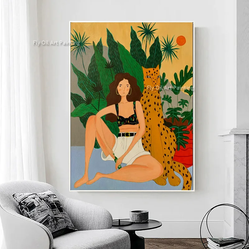 Hand Painted Minority Style Girl Leopard Animal Oil Canvas Painting On The Wall Cheetah Nordic Art Morden Living Room Decor