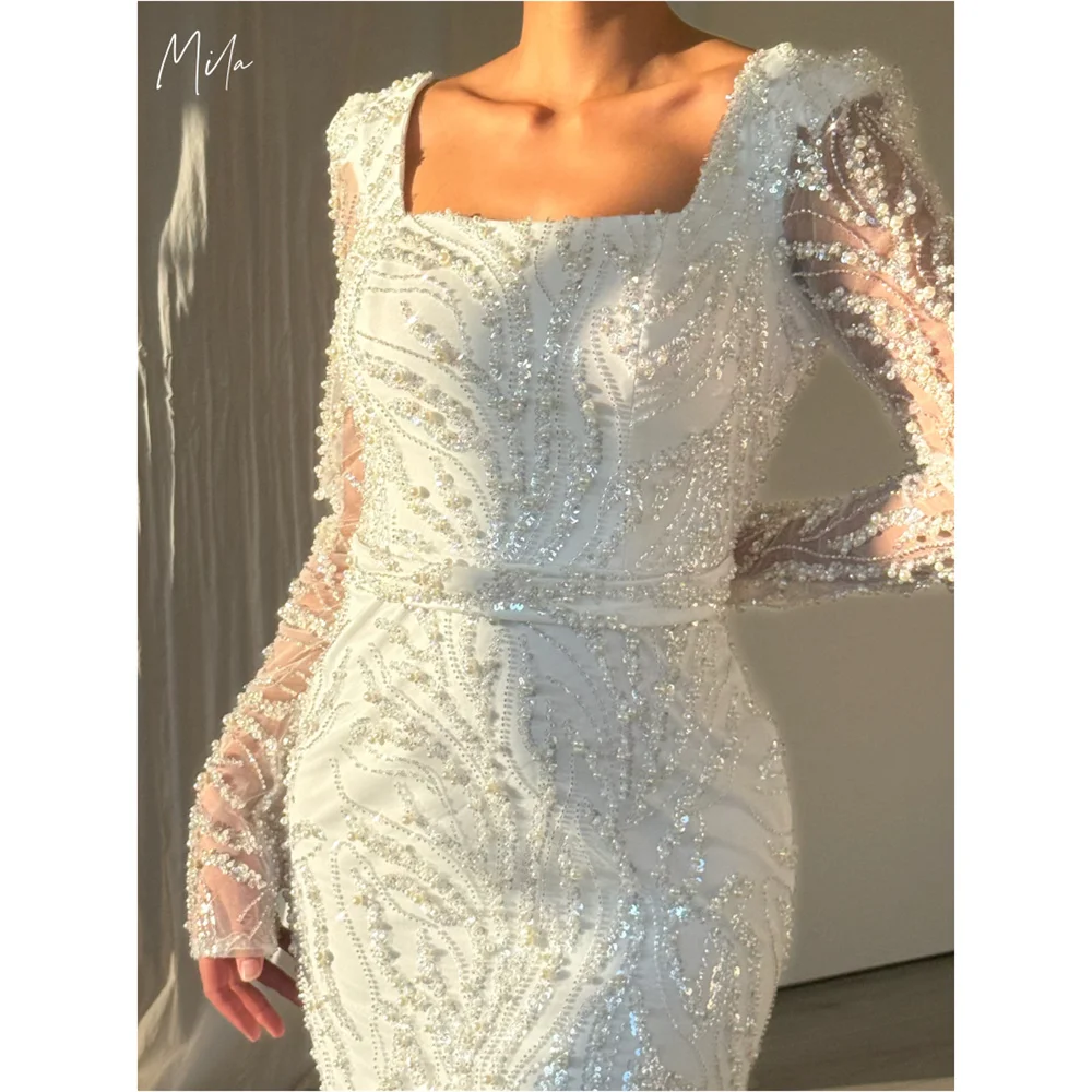Платье для выпускного вечера Mila Beaded Lllusion с квадратным воротником и разрезом сзади, вечернее платье с длинными рукавами и скользящим шлейфом, платья de gala