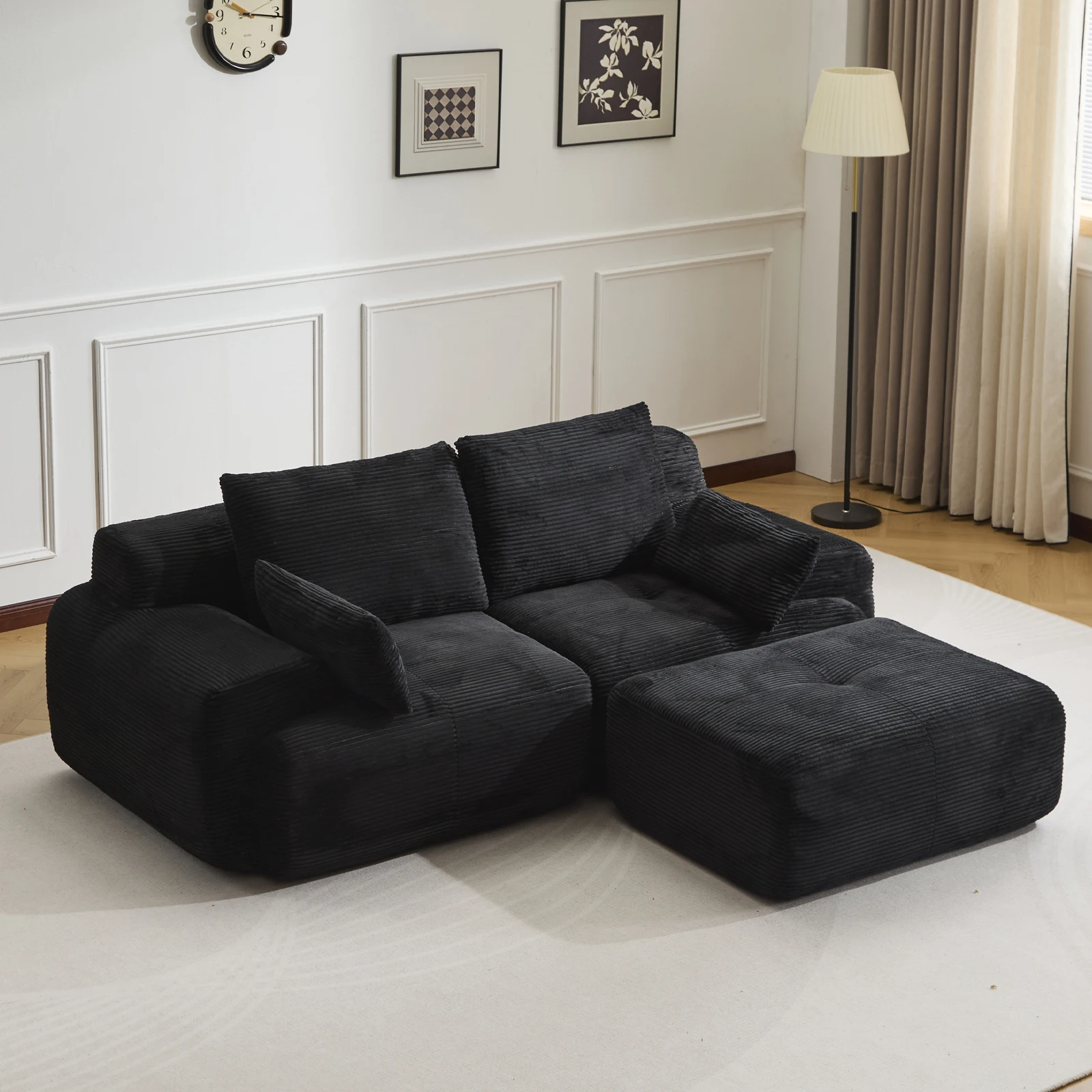 Modulares Cord Schlafsofa, 2- oder 3-Sitzer Couch mit Memory Foam, Frei Kombinierbares Loungesofa, Ohne Montage, Multifunktionales Sofa für Wohnzimmer, Schlafzimmer & Gästezimmer, Schwarz