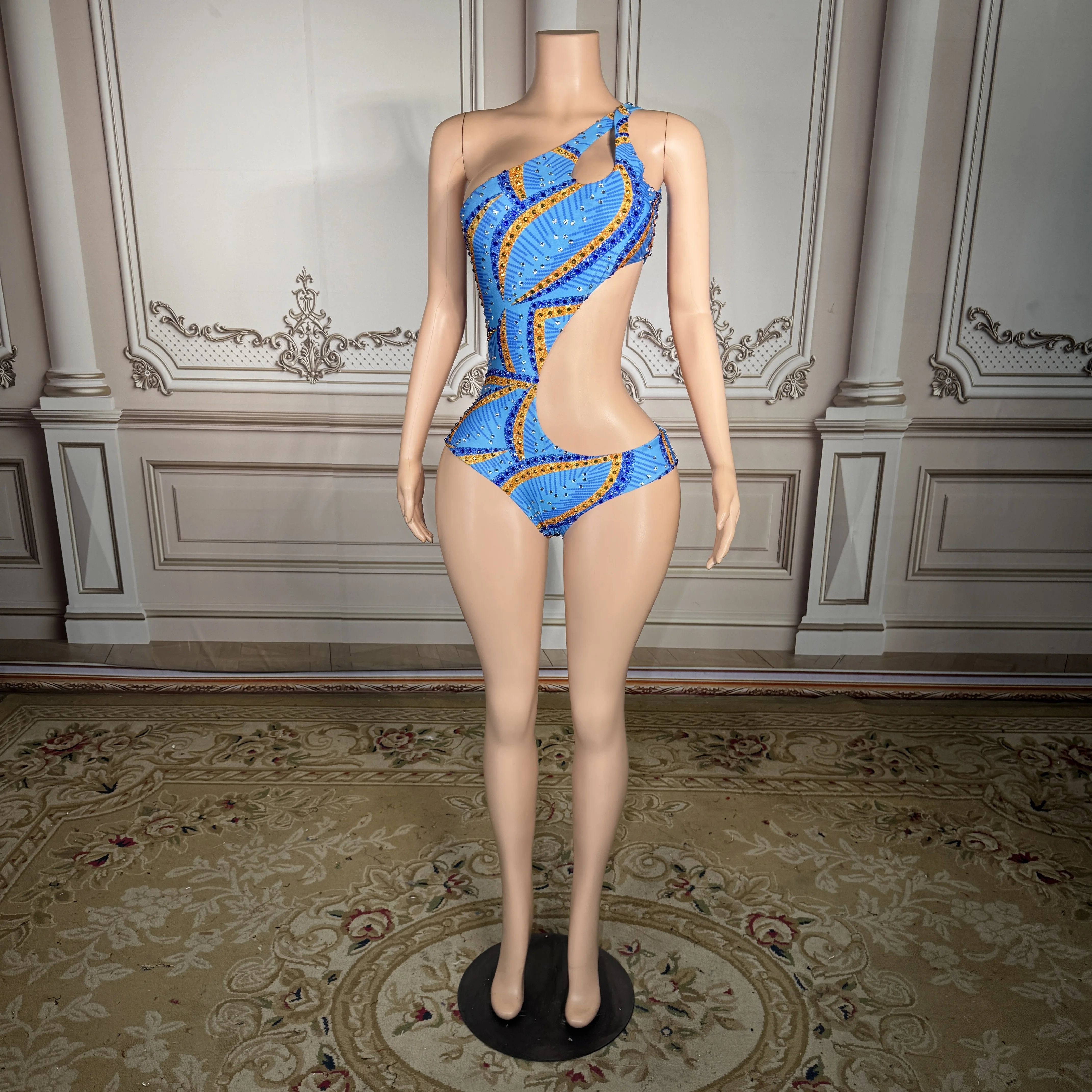 

ZD New Luxury Blue Yellow One Shoulder Swimsuit Women Sexy Cutout Bodysuit Sparkly Crystals Summer Vacation Bather