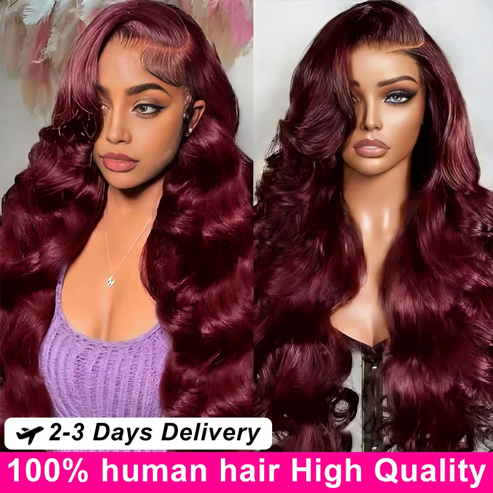 

99j burgundy 13x6 Lace Front wigs human hair 100% 250 Density Body Wave 30 40 50 Inch Red Colored Lace Frontal Wigs Brazilian