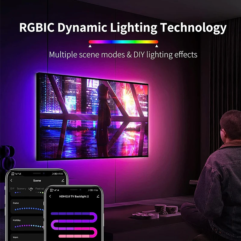 RGBIC Ambient Led Backlight 4K Device Box WIFI Bluetooth Control Tape Screen Color Sync Smart Led Strip 55-75 Inch TV