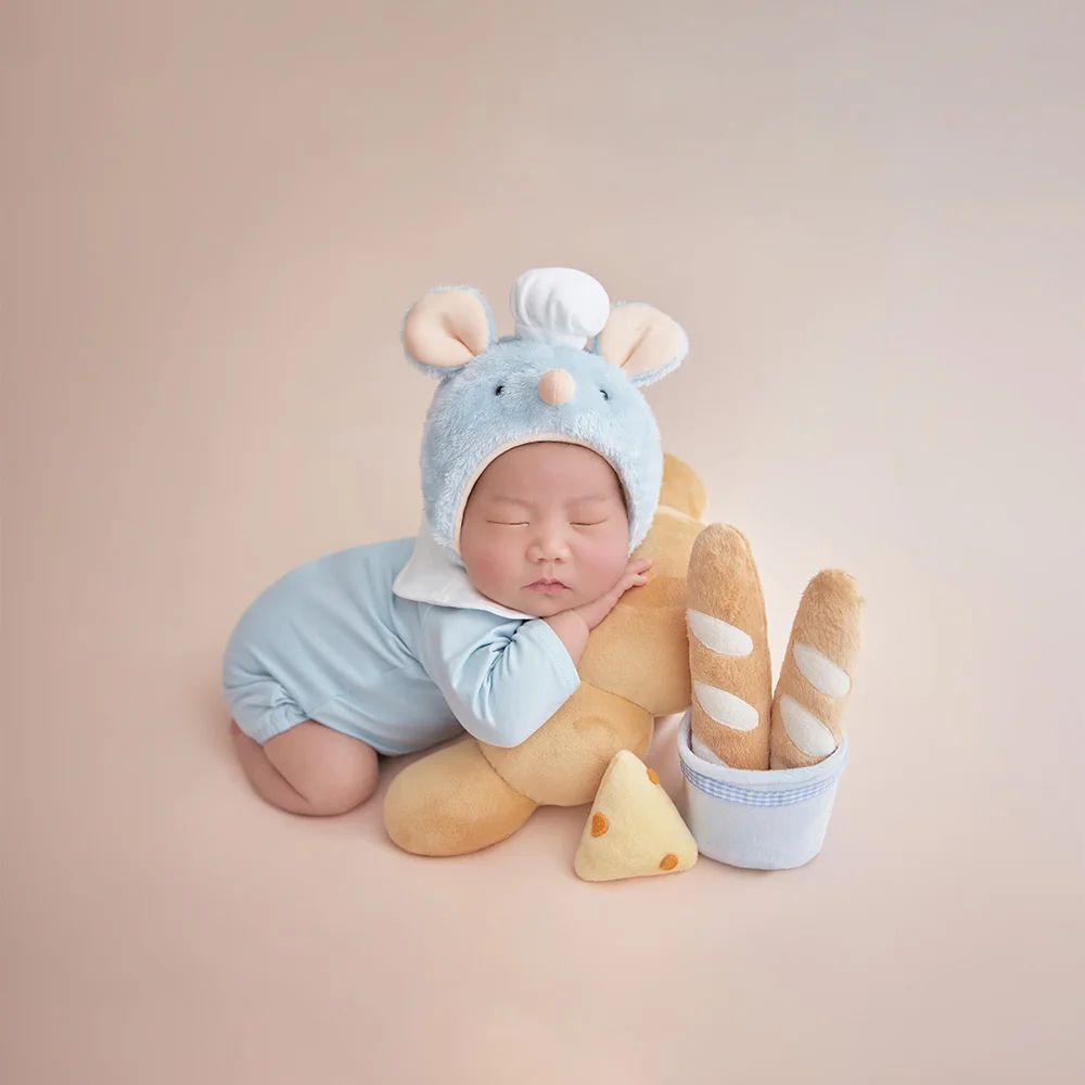 Infant Photo Shoot Props Cute Chef Mouse Hat with Ears Plush Food Toys Chef Mouse Doll Newborn Studio Professional Accessories view 4