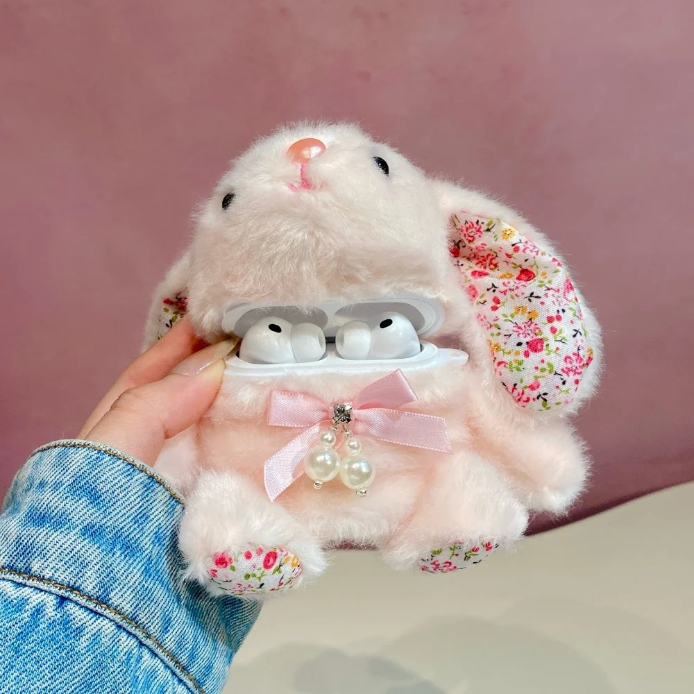 New Fashion Cute Pink Plush Big Ear Rabbit Headphone Case for Apple AirPods 2 3 4 Pro2 Pro3 Protective Case Sweet INS Girls Gift
