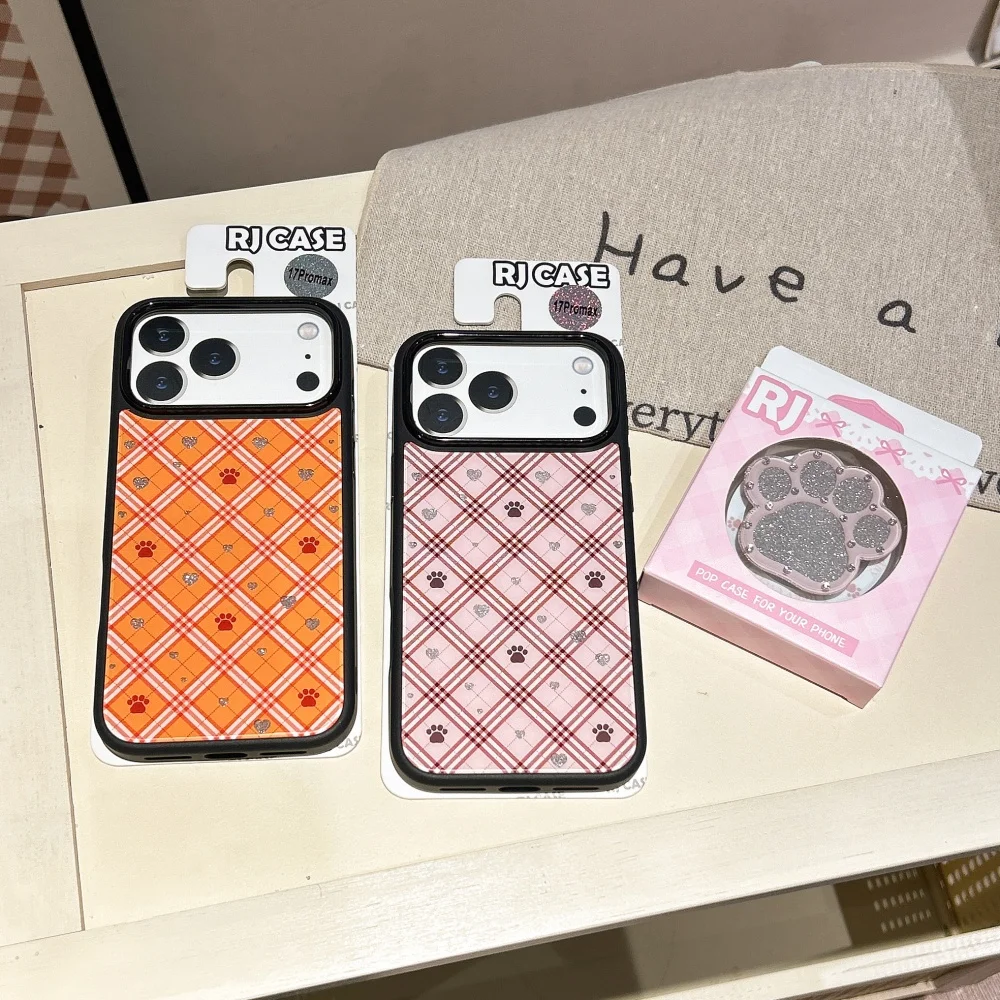 

Cute cat paw plaid glitter love for magnetic holder mobile case, suitable for iPhone 15/16/17 Pro Max,shockproof protective case