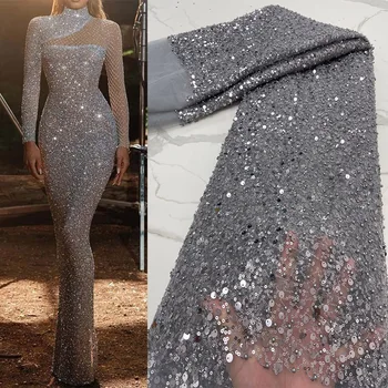 Tela y encaje de lentejuelas con cuentas grises africanas, 5 yardas, alta calidad, 2025, última fiesta, vestido de novia de lujo, tela de encaje para coser