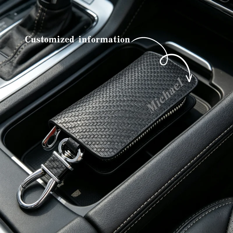 Custom Laser Engraved Cross Faux Leather Zipper Car Key Case Universal Remote Key Fob Cover Key Holder with Keychain