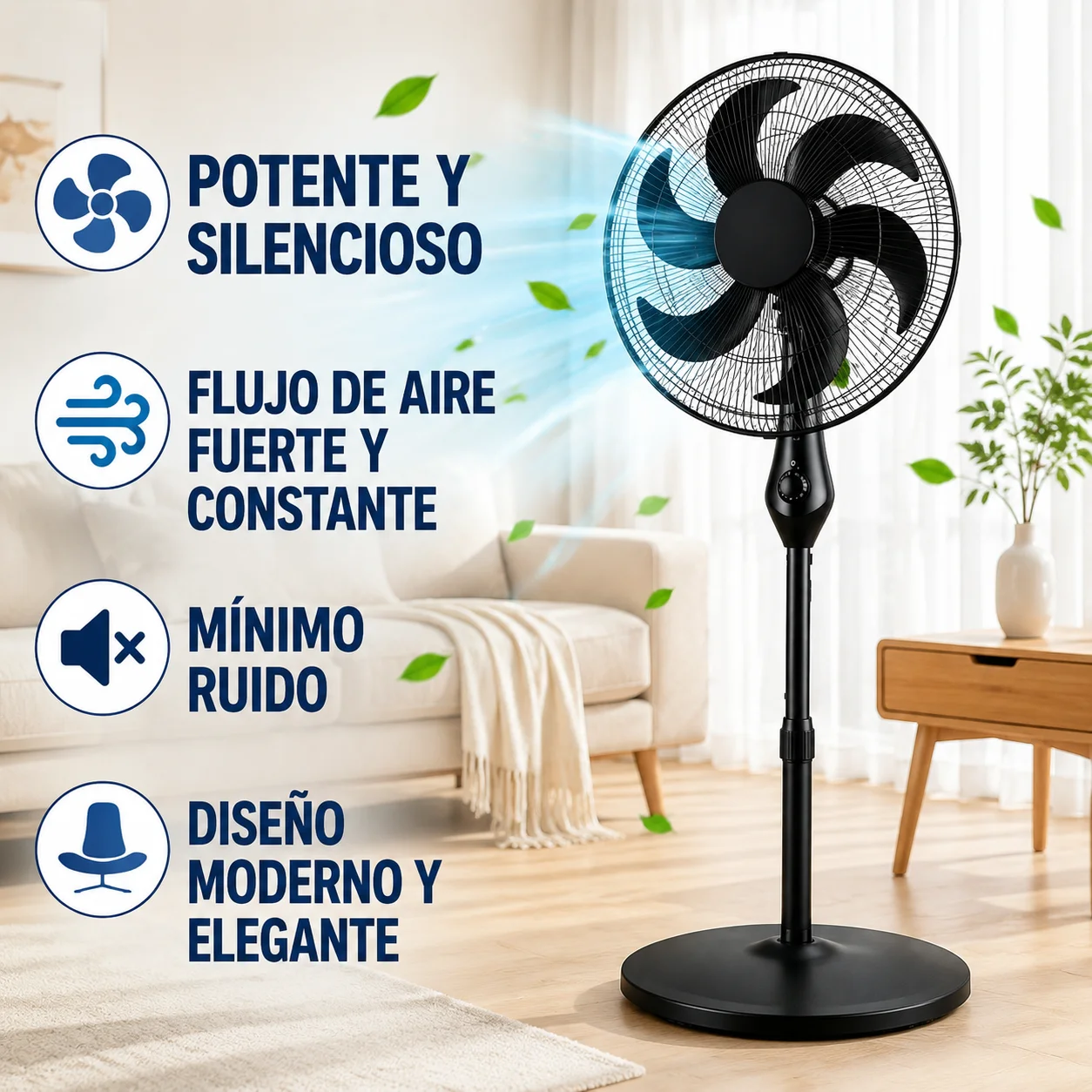 Ventilateur sur pied noir à six pales, moteur puissant de 55 W, hauteur réglable, 130 cm au total, tête de 46 cm, oscillation à 90 degrés, trois vitesses, fonctionnement silencieux, base ronde stable, grand débit d'air, idéal pour le salon, la chambre, le bureau, la maison.