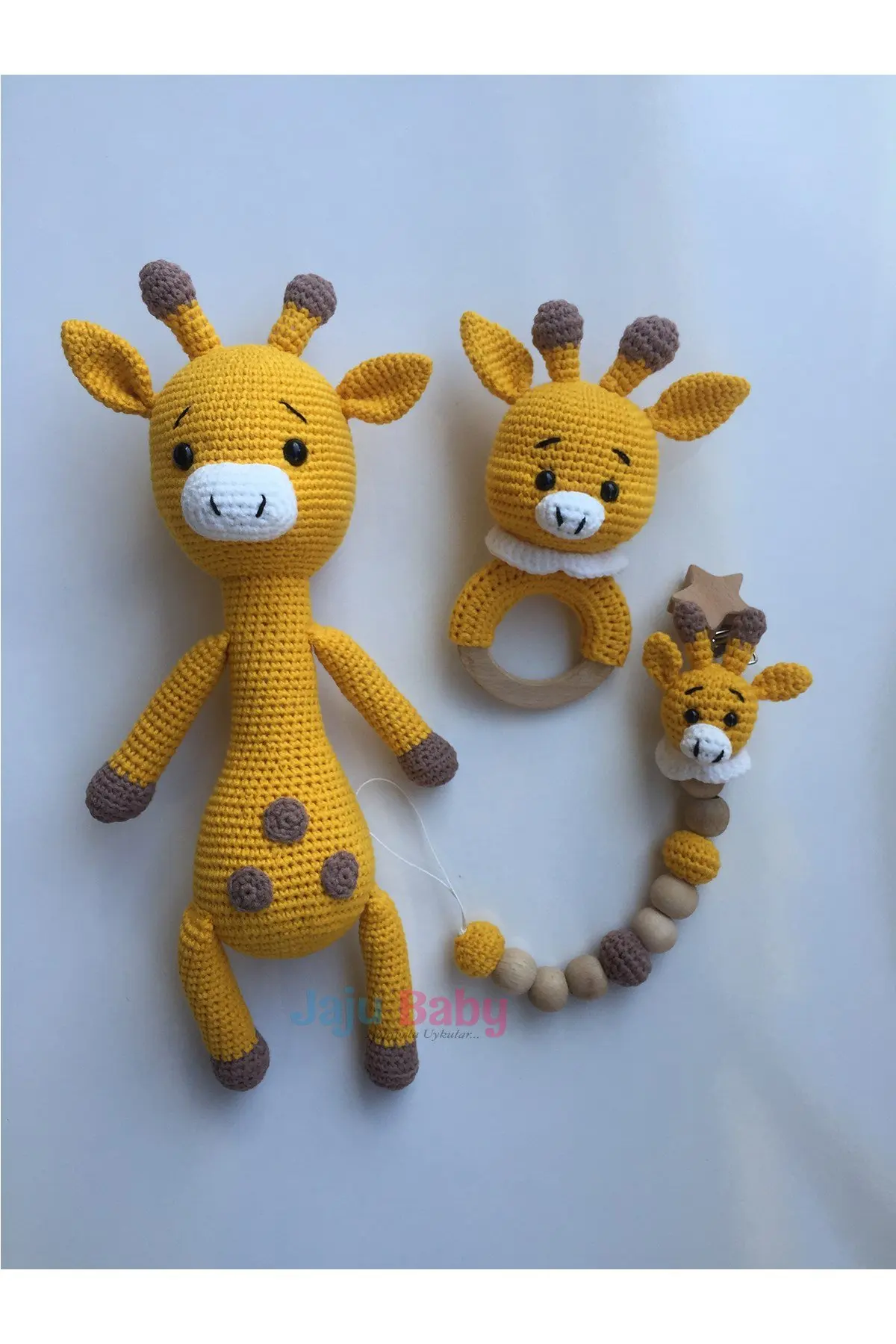 Handmade Amigurumi Giraffe 33 cm Rattle and Pacifier Chain Set of Three