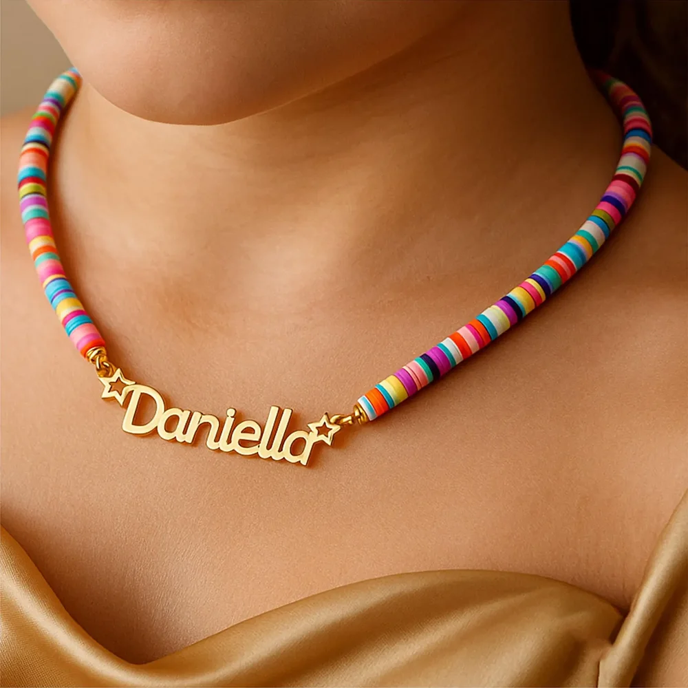

Custom Name Bead Themed Nameplate Necklace For Women Baby Girls Personalized Letters Rainbow Beads Charm Birthday Gift Jewelry