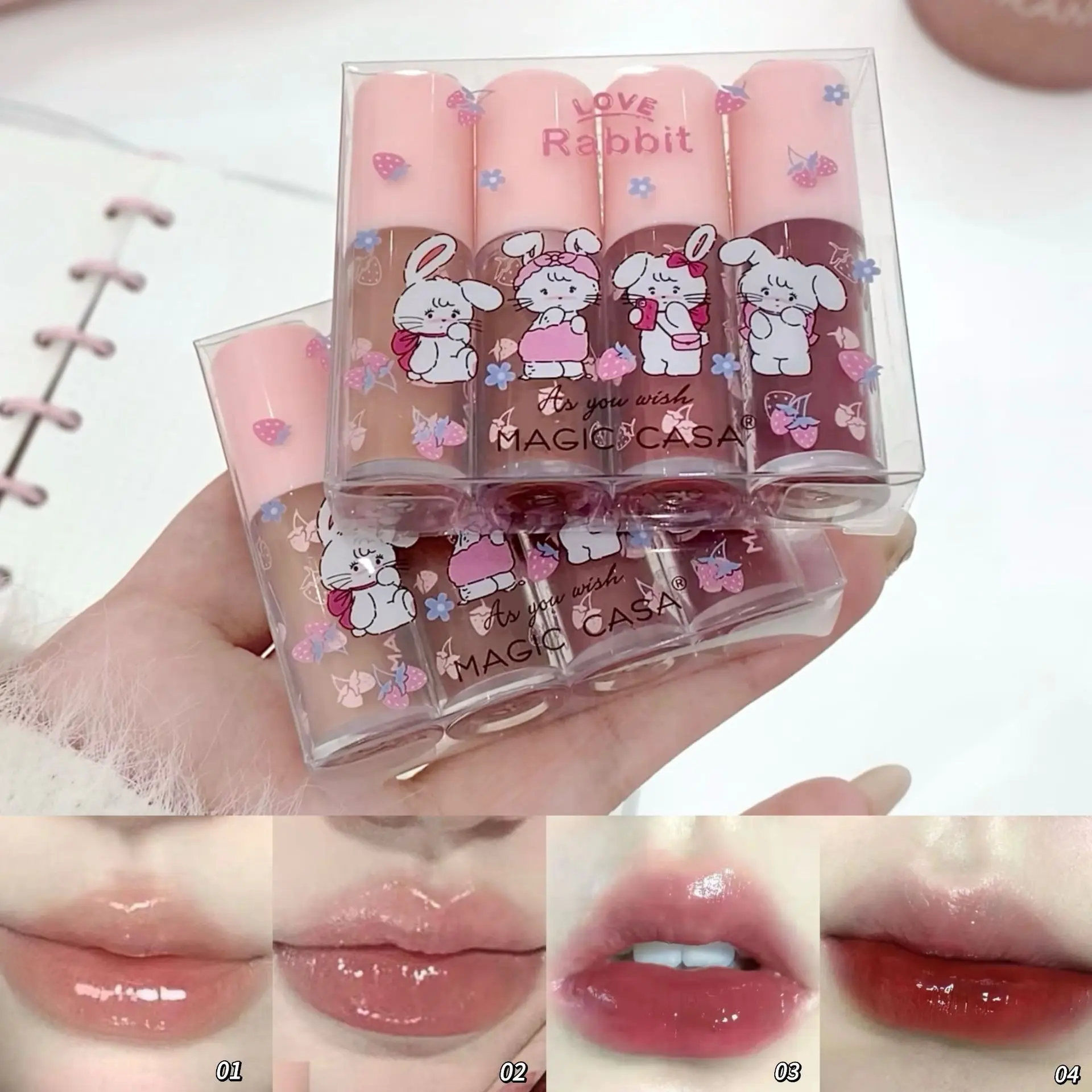 ชุดลิปกลอสขนาดเล็กลายกระต่ายของมินิ | กระจก4ชิ้นลิปกลอสแวววาวเนียนนุ่มลื่นผิวให้ความชุ่มชื้นและติดทนนาน