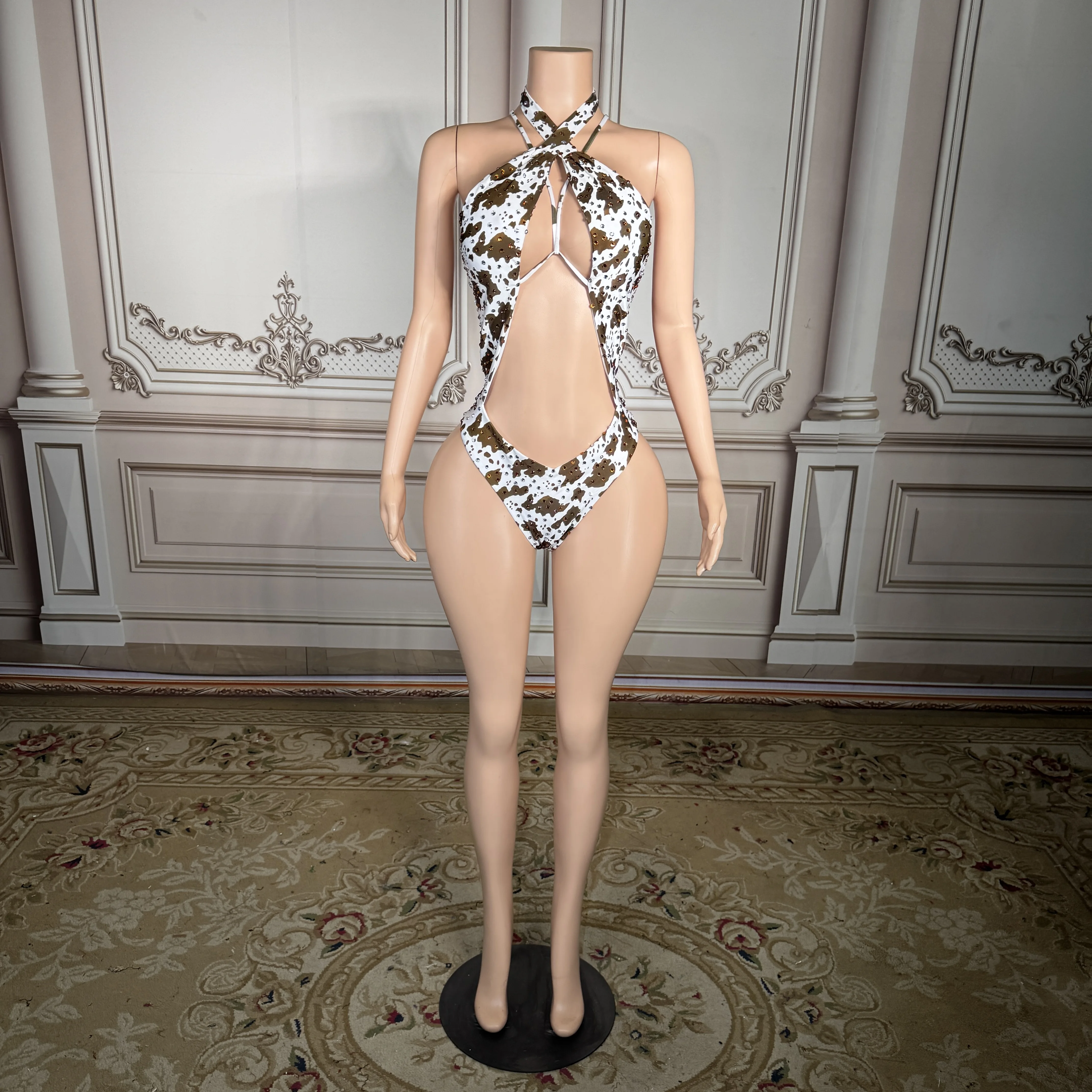 

ZD New Sexy Cow Print Cutout Bodysuit Women Luxury Rhinestones Halter Neck One Piece Swimsuit Stage Performance Wear