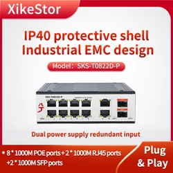 XikeStor 12 Port 1000M RJ45 SFP PoE Industrial Switch with Dual Power IP40 Protection EMC Design for AI Detection