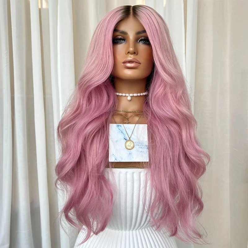 

Synthetic Hair Pink Dark Ash Blonde Root Lace Front Waves Natural Hair 13x4 Pink Lace Front Wig for Women Colored Cosaplay Wig