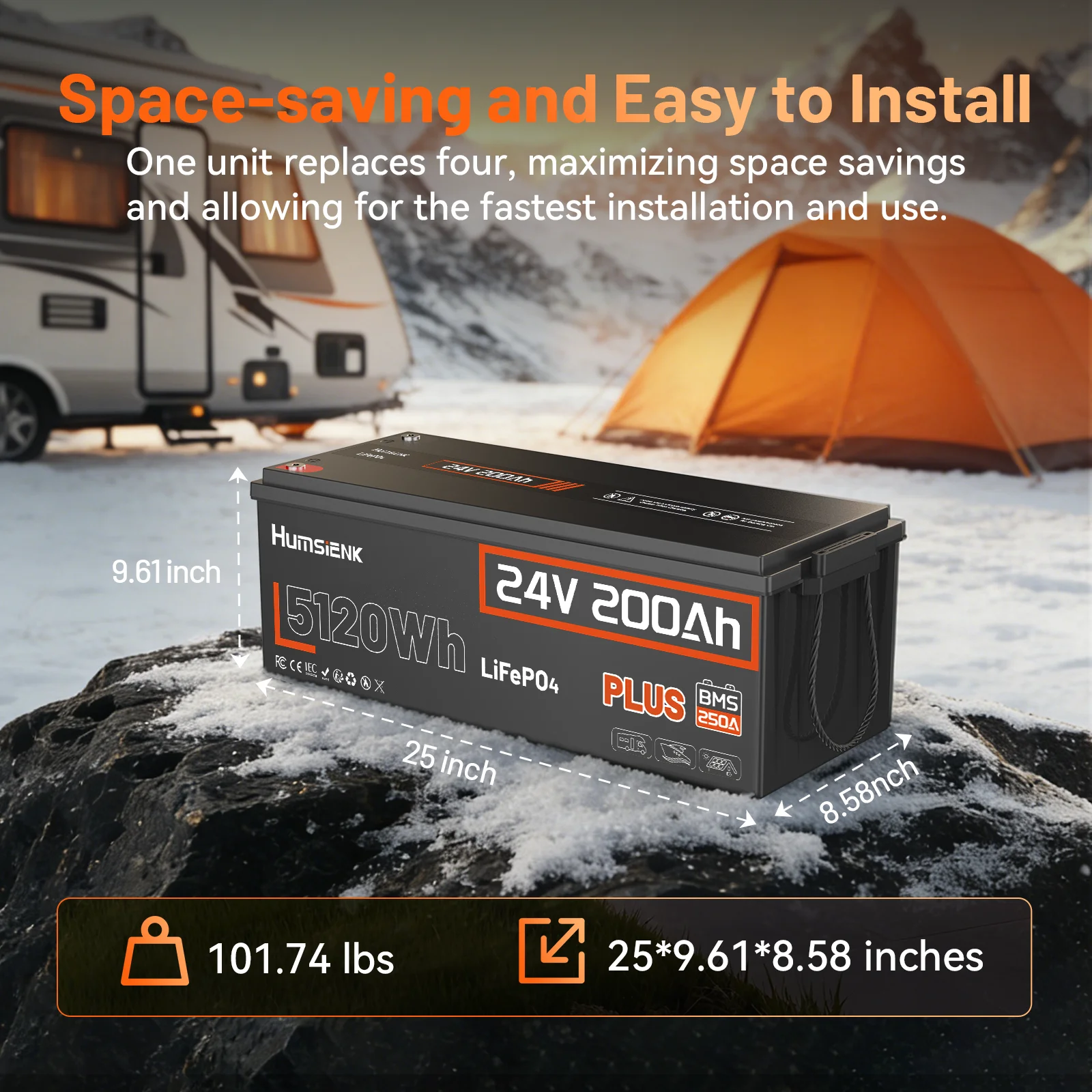 Humsienk 24V 200Ah LiFePO4 Lithium Battery 5120Wh Grade A Lithium Iron Phosphate For Solar, RV, Marine,Camp, 5-Year warranty