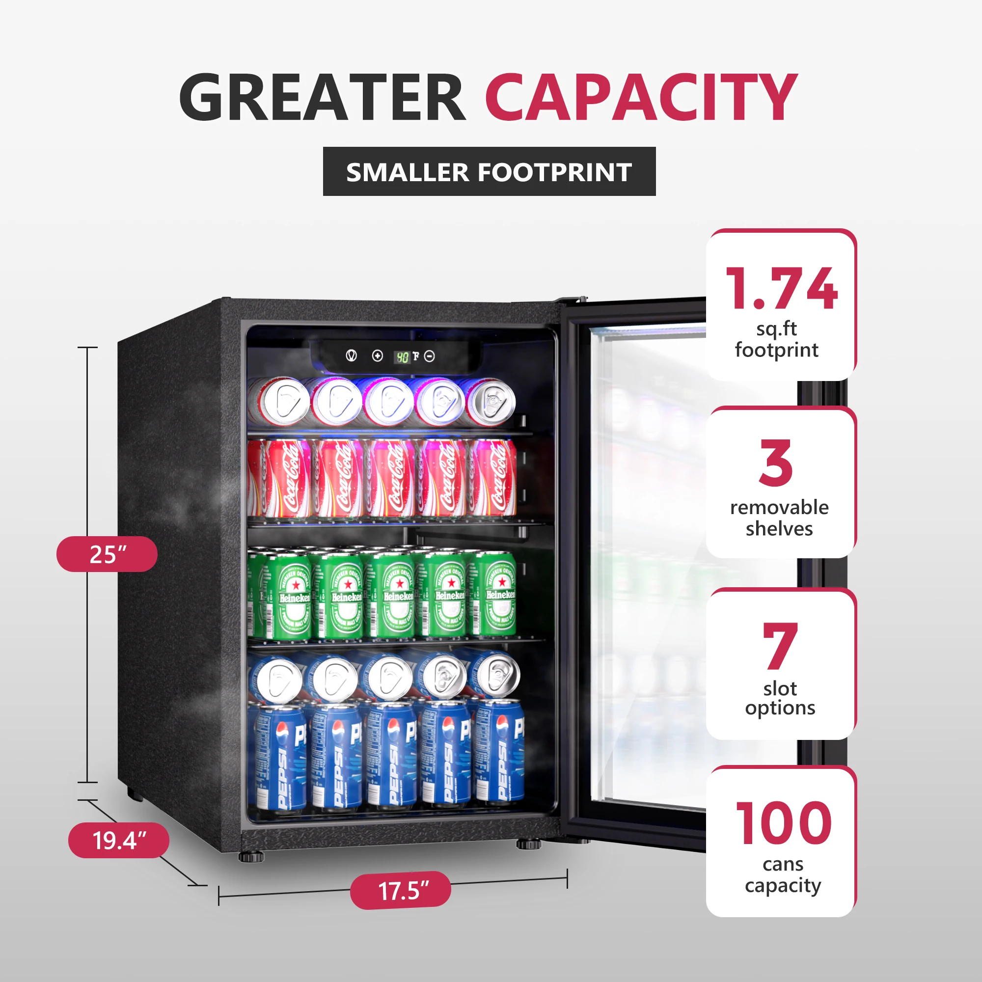 Refrigerador independiente para bebidas, nevera pequeña de 2,7 pies cúbicos para cerveza, vino, LED azul para el hogar, la Oficina, el dormitorio y el Bar, 100 unidades