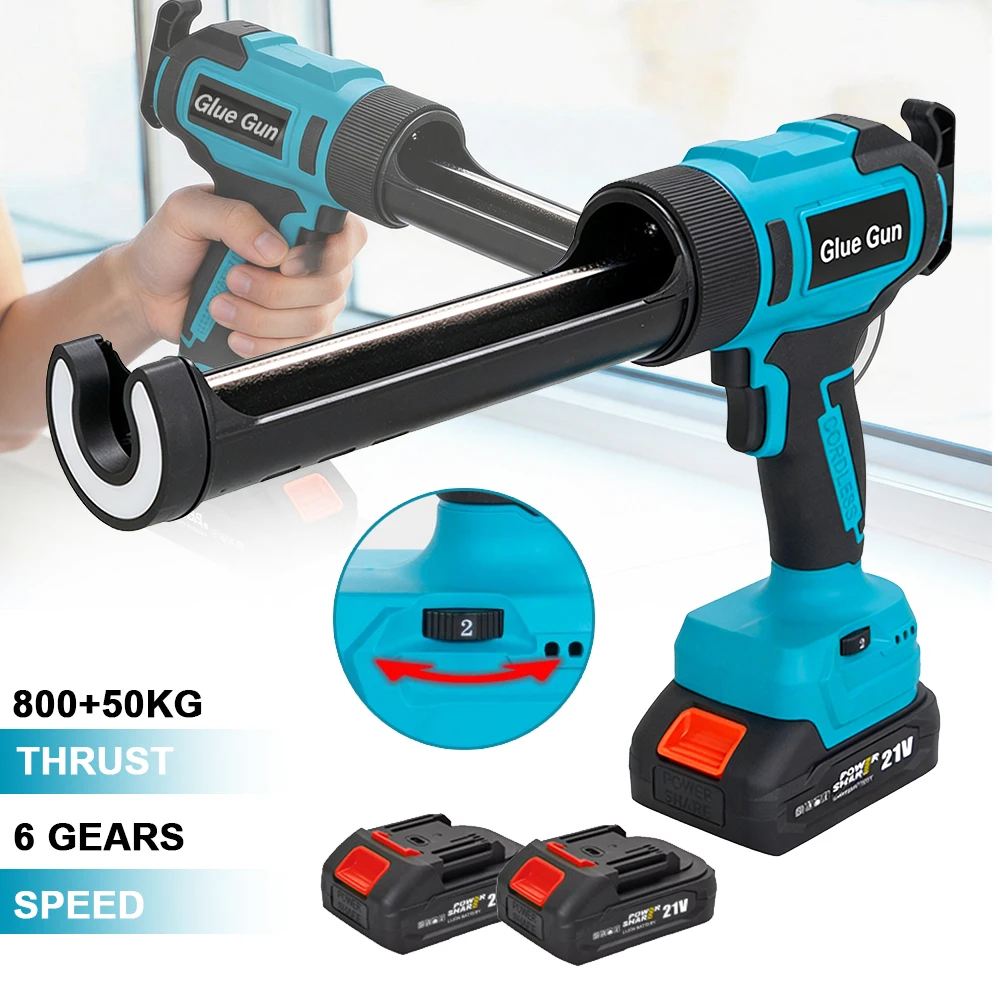 Pistolet à calfeutrer électrique sans fil 21V, 800KG de force de poussée élevée, distributeur de mastic silicone, pistolet à colle pour verre réglable à 6 vitesses avec lumière LED et affichage