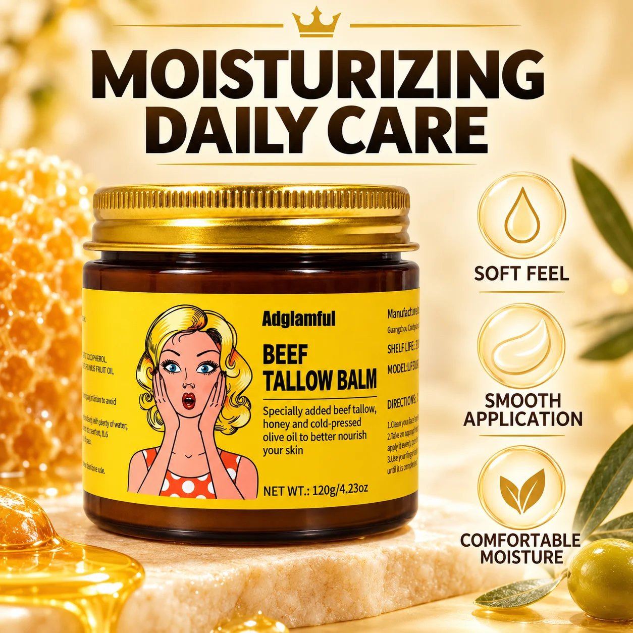 Adglamful Beef Tallow Balm 120g with Honey & Cold-Pressed Olive Oil, Moisturizing Skin Balm for Dry Skin