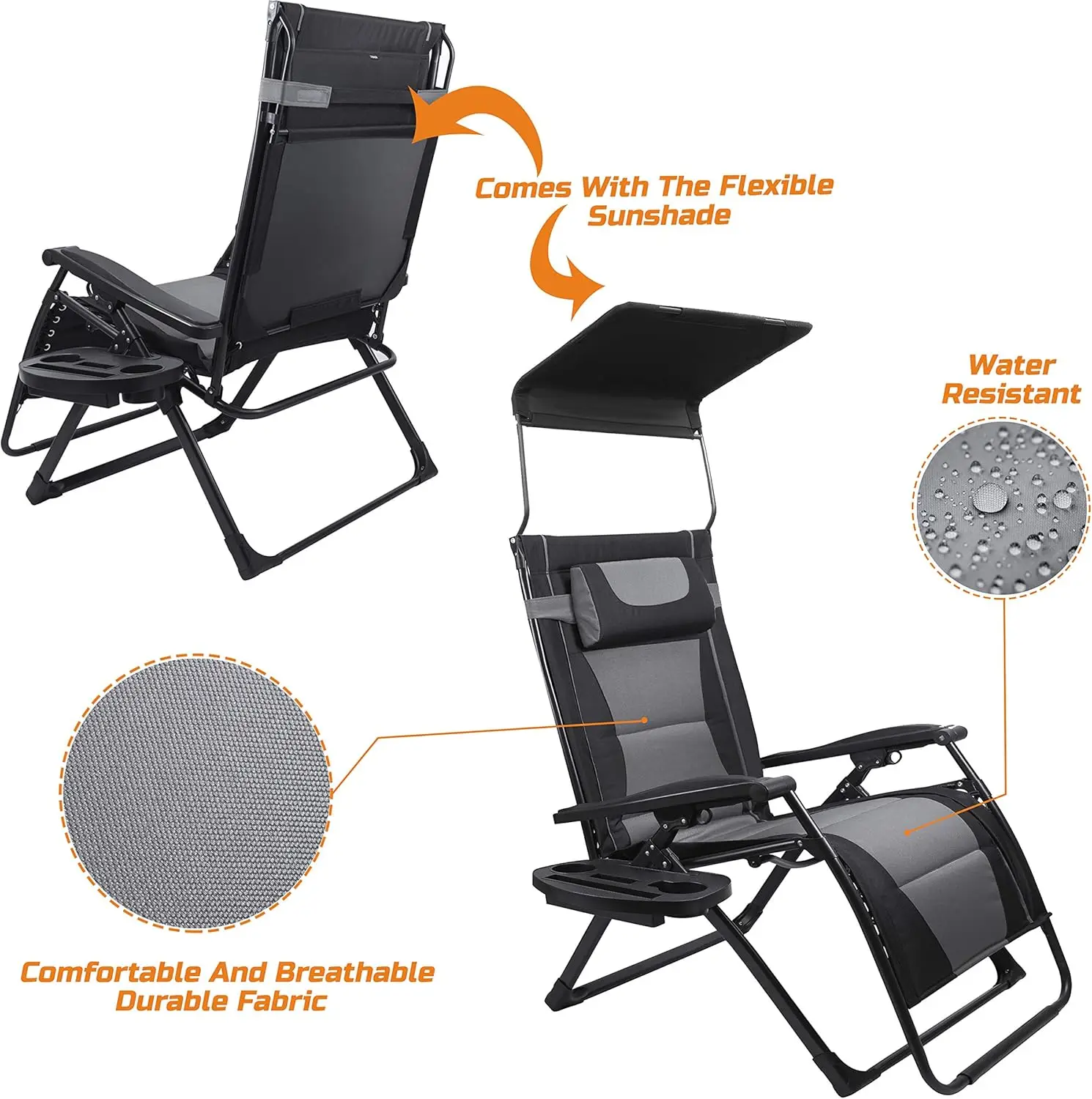 XXL Oversize Recliner Folding Chair for Camping Patio Outdoors Zero Gravity Extra Wide Reclining Padded Seats with Sunshade and