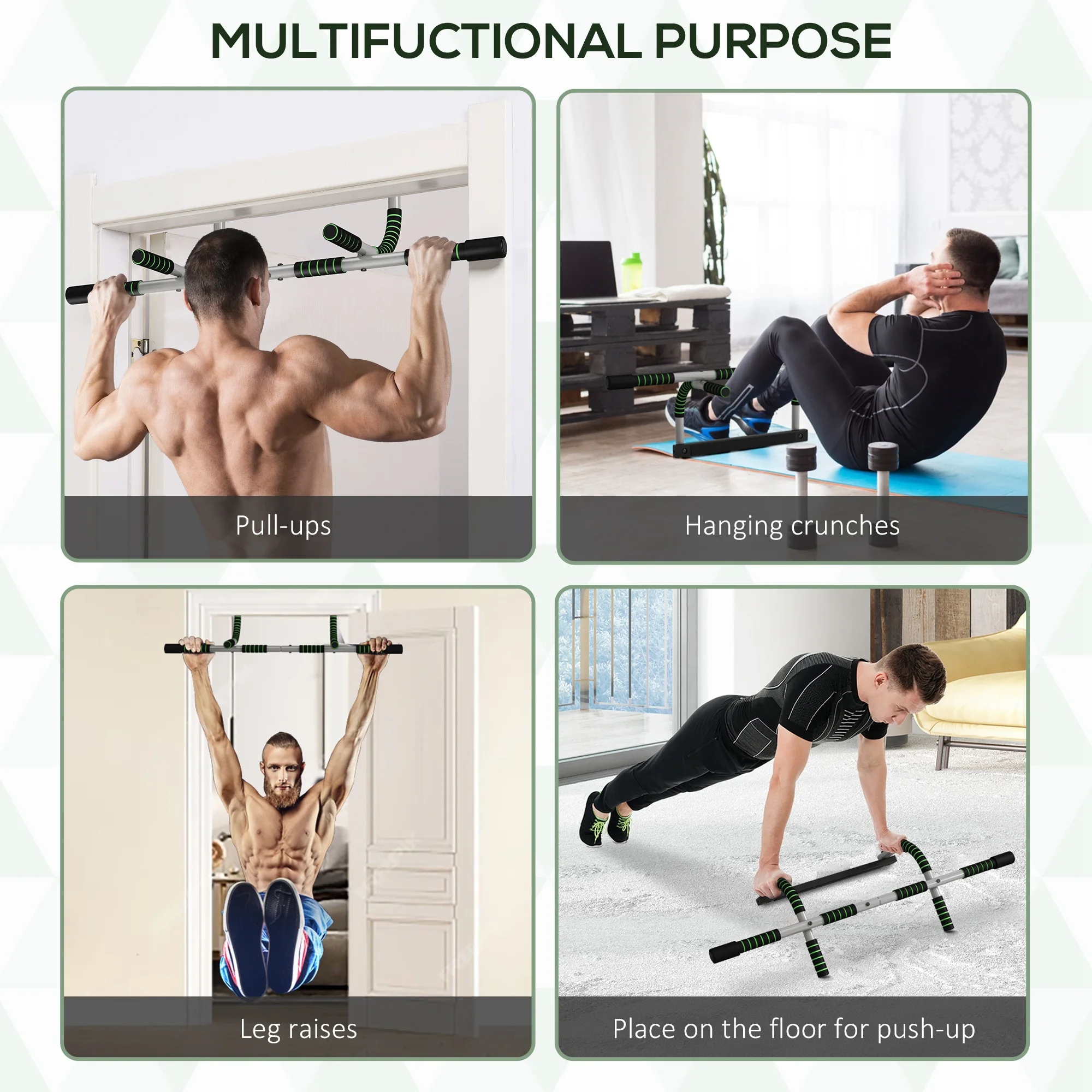 شريط سحب HOMCOM للمدخل، قضيب رفع أفقي لباب اللياقة البدنية المنزلي لتمارين الجزء العلوي من الجسم في صالة الألعاب الرياضية الداخلية، أخضر #4