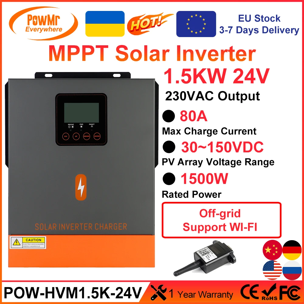 PowMr-inversor híbrido Solar de 1,5 kW, 1KW, 12V, 220V, onda sinusoidal pura con carga MPPT 80A, Panel Controlador de chasis Solar, entrada de 150VDC