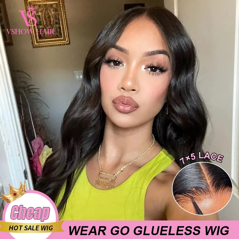 

VSHOW Bye Bye Knots Wig 7x5 Pre Cut Lace Closure Body Wave Pre Bleached Glueless Wear go Lace Front Wigs Pre Cut Pre Plucked