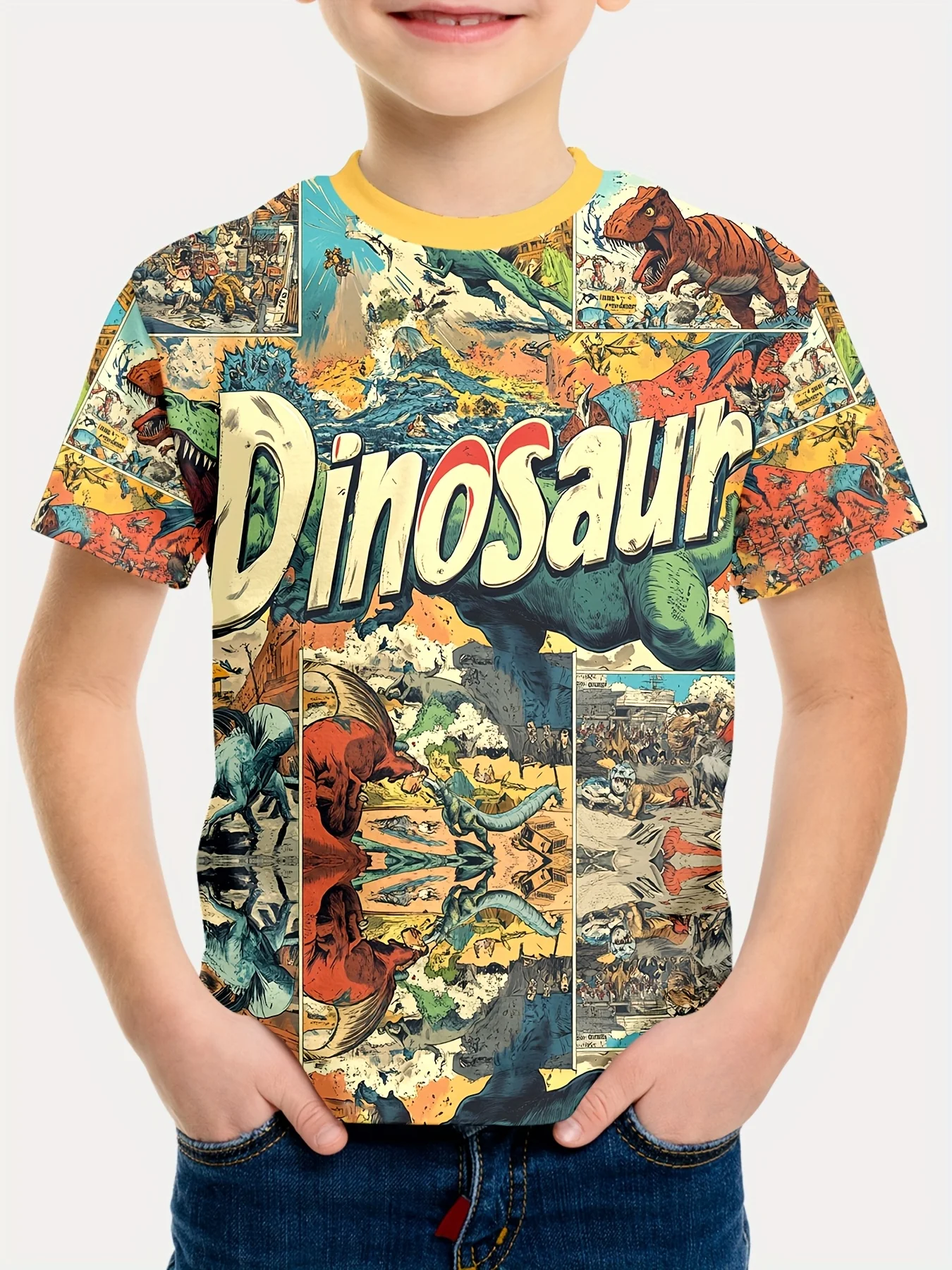 

Boys' 3D Dinosaur Graphic T-Shirt Summer Cool Cartoon Print Short Sleeve Tee 2-10Y Children's T-Shirt for Dinosaur Lover Tops