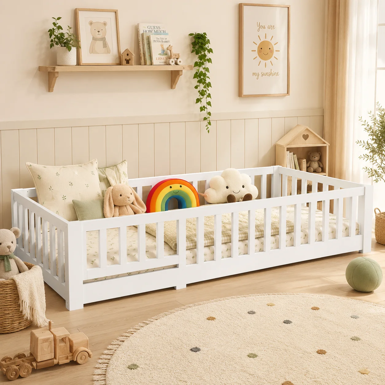 Lit Enfant 90x200 cm, Lit au Sol avec Barrière de Sécurité et Sommier à Lattes, lit Montessori Bois Massif Pin, Blanc, pour Chambre de Garçons Filles