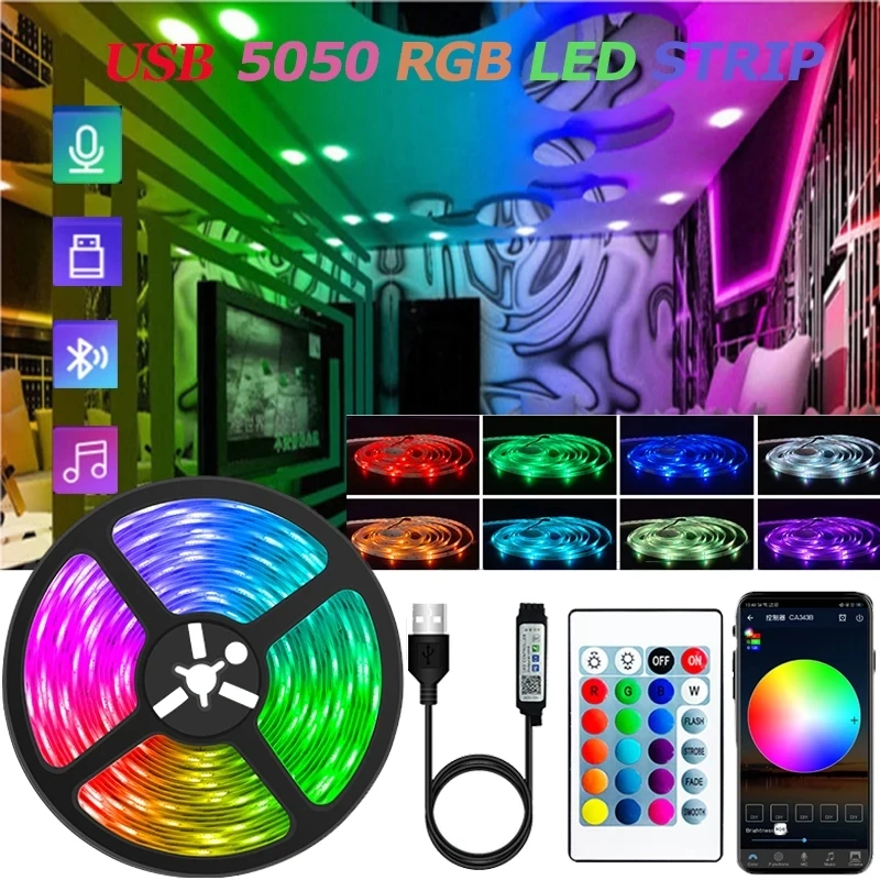 USB LED 스트립 조명 RGB 5050 블루투스 앱 제어 LED 램프 리본, 유연한 LED 조명, 방 장식 TV 백라이트 다이오드 테이프